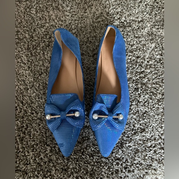 SHEIN Shoes - COPY - Shein Beautiful Blue Textured Ballet Flat with Diamond and Pearl Accents